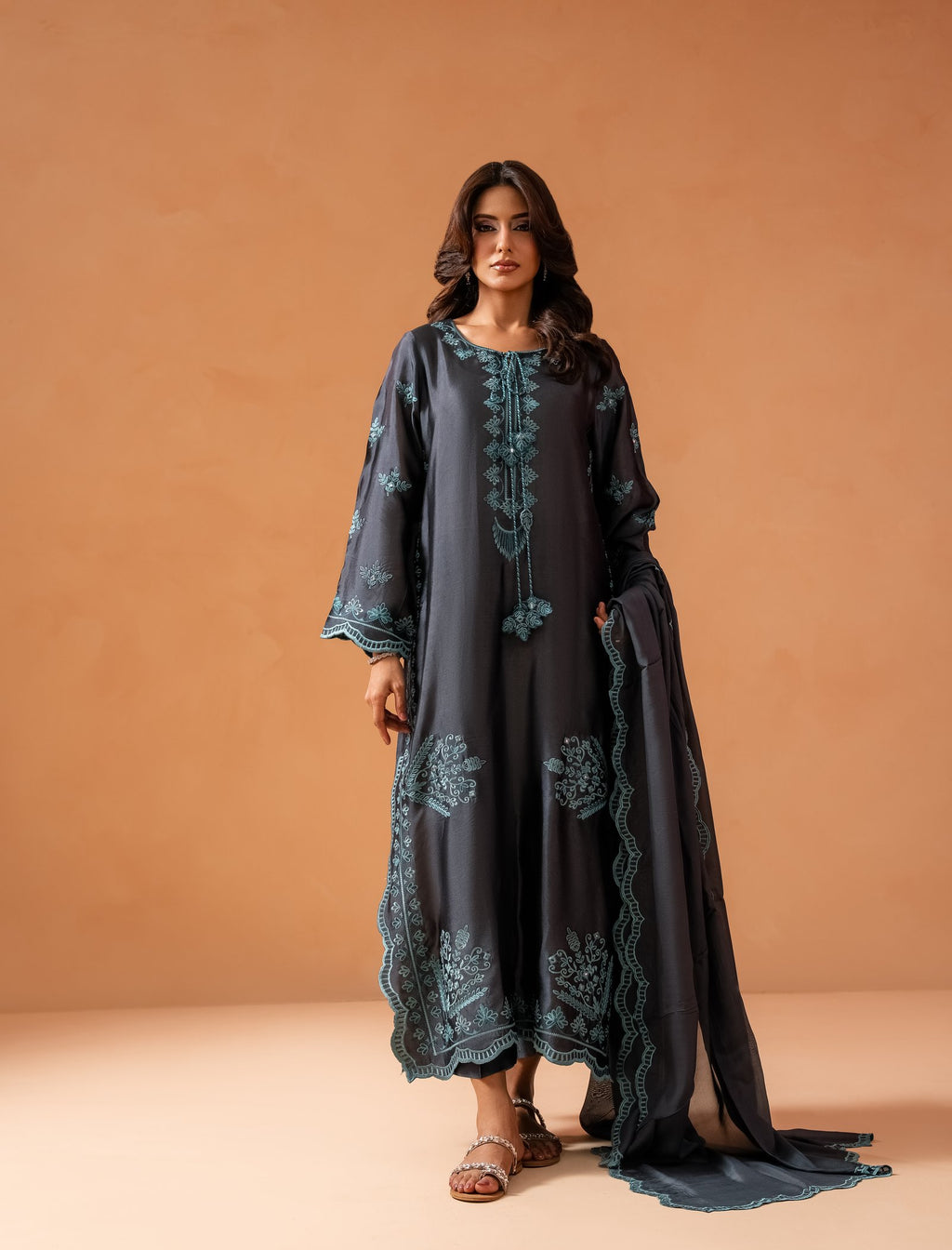 Grey Kaftaan styled with matching dupatta
