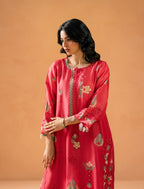 Melon Pink Kaftaan - embroidered placket and tasseled neckline close-up