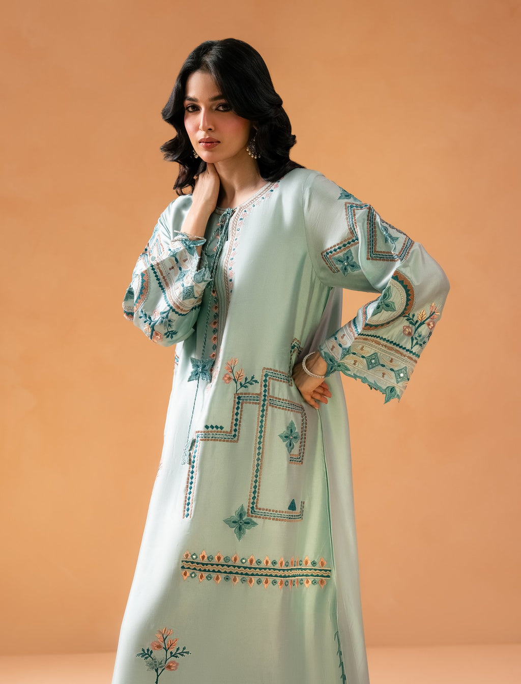 Ice Blue Kaftaan - multicolour embroidery detail