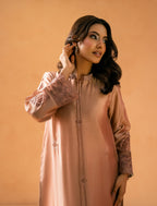 Tea Pink Kaftaan - neckline and cutwork sleeve detail
