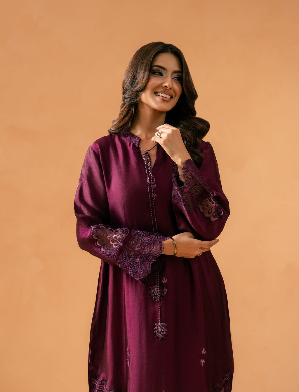 Purple Kaftaan - embroidered cutwork cuffs and tasseled neckline detail
