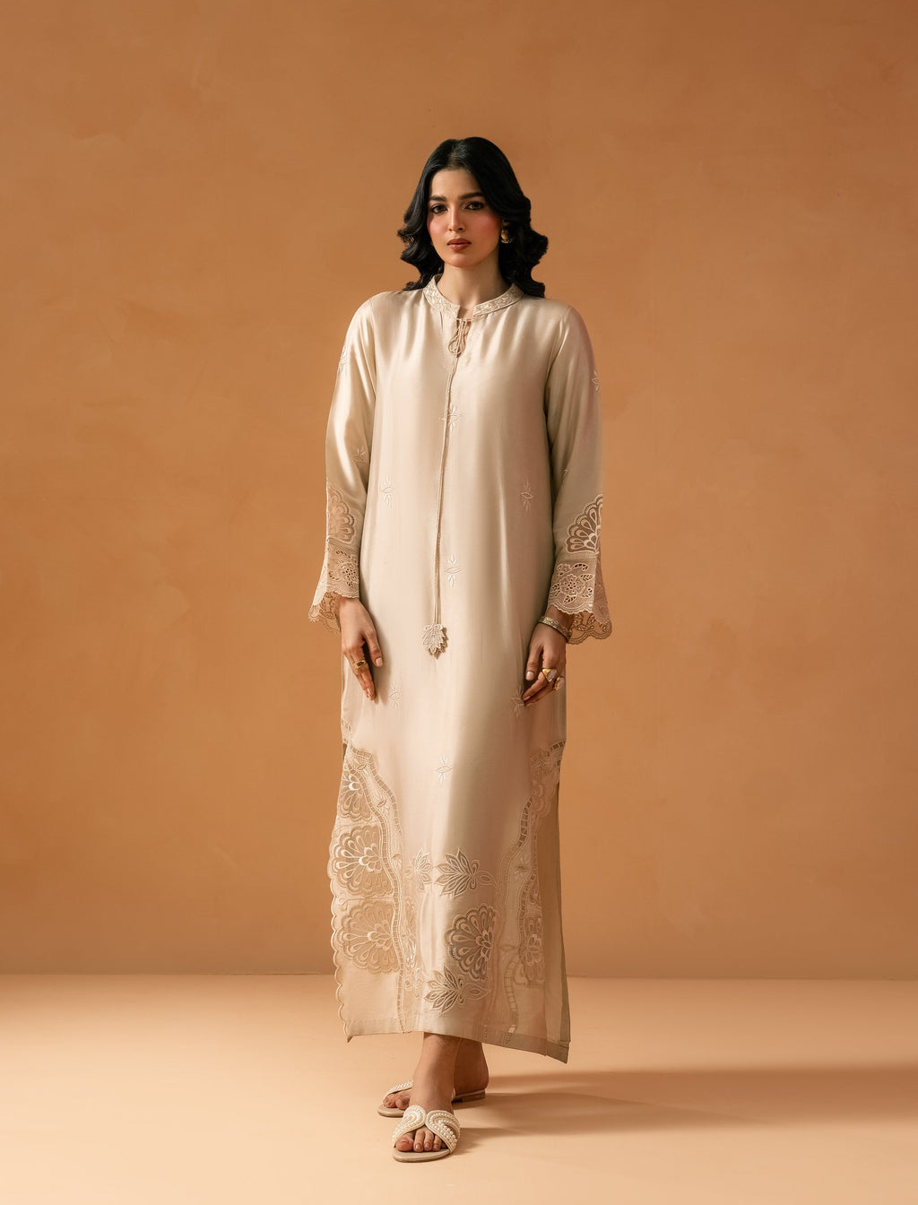 Ivory Kaftaan - hand-embroidered sheesha silk kaftan, front