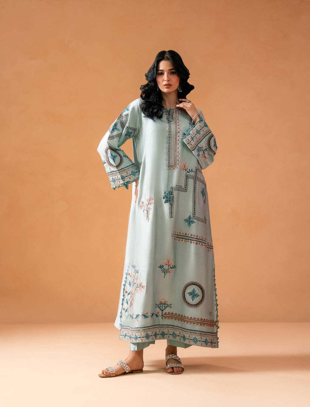 Ice Blue Kaftaan - hand-embroidered butter silk kaftan, front